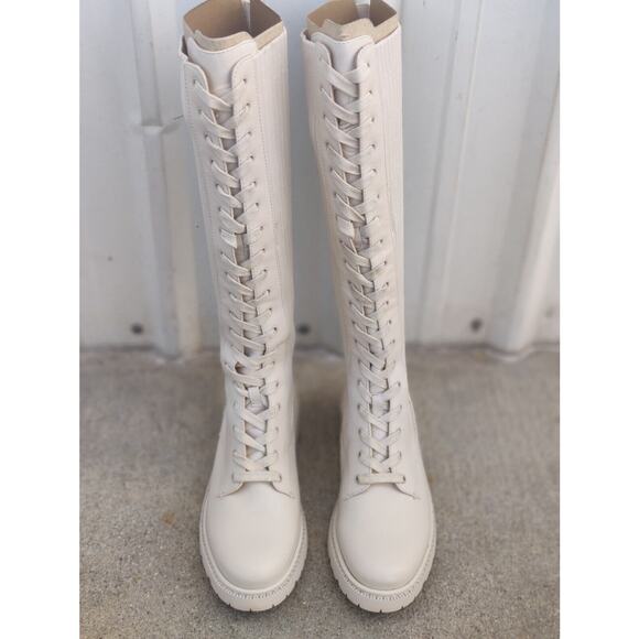 Sam Edelman Womens Sz 10 M Ivory Leather / Fabric Lace Up 16" Shaft Tall Boots - Picture 3 of 6